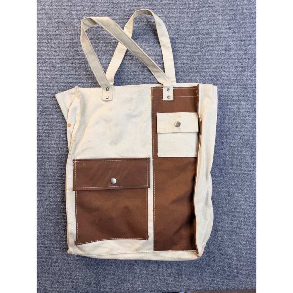 Vintage Canvas Tote Bag Multi Pocket Cream Brown Workwear Tactical Utility Bag